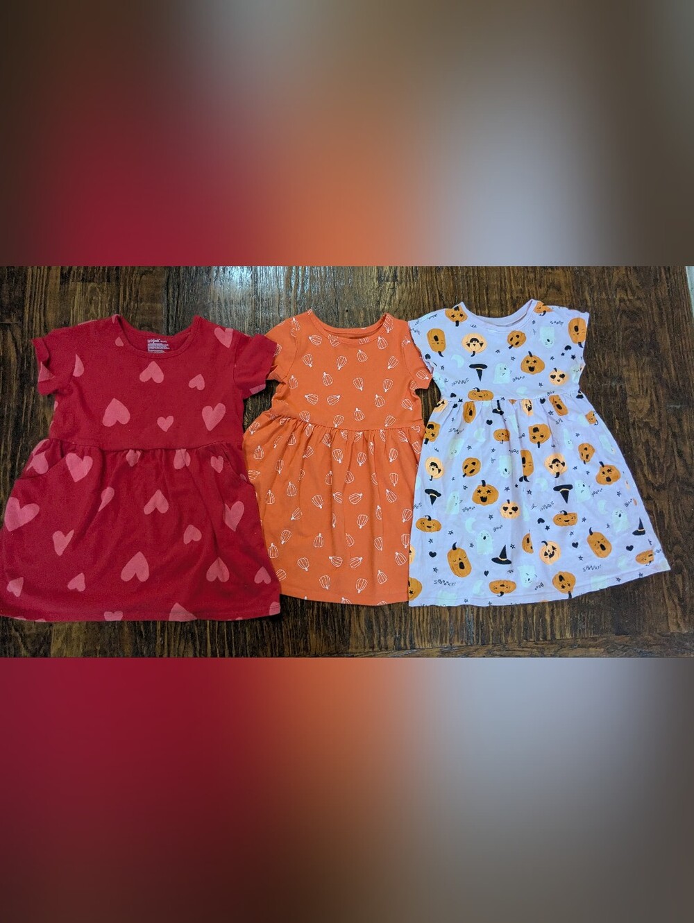 Old Navy Girls Red Heart, Orange Pumpkin & White Halloween Print Dresses 5t